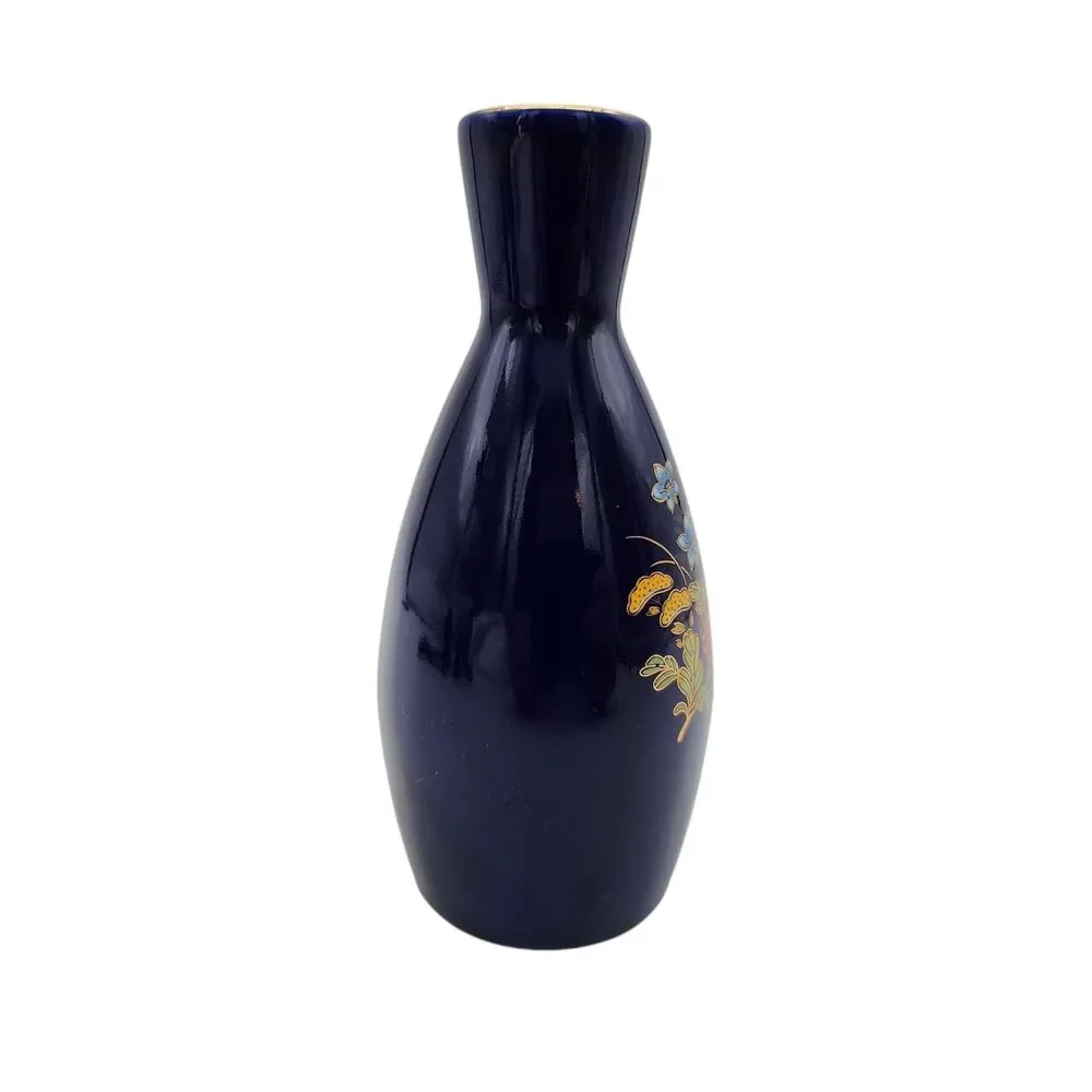 Vintage Japanese Cobalt Blue Vase Gold Floral Chrysanthemum Bud Vase 5.5